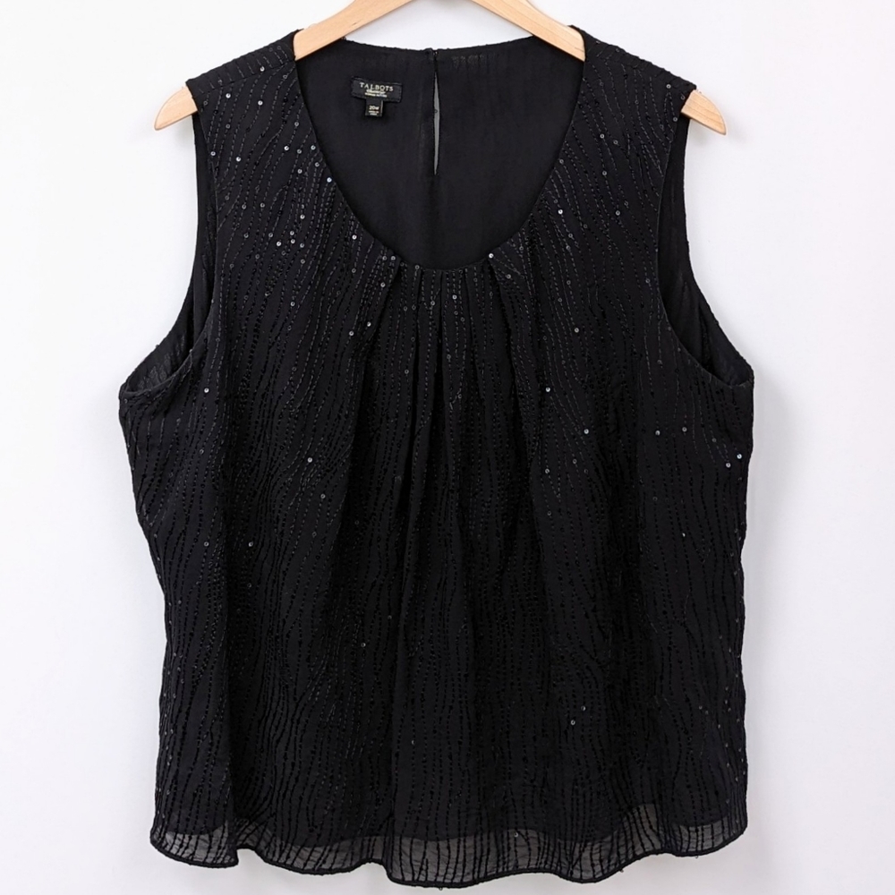 Talbots Petites Silk Blouse Sequinned Sleeveless Glamour Formal Dressy Black 20W